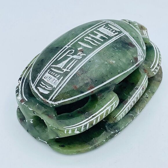 Vintage Olive Green Hand Carved Ancient Egyptian Soapstone Scarab Beetle Unique - Picture 2 of 12